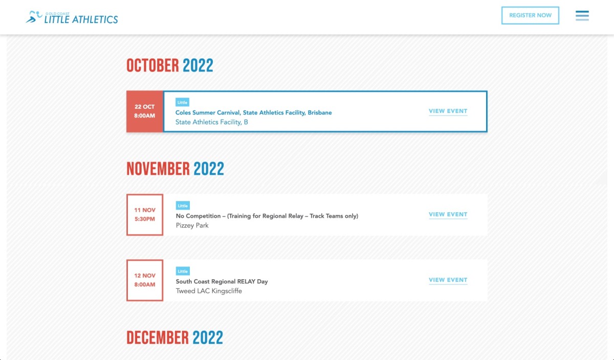 Gold Coast Little Athletics website design, screen 4 of 4