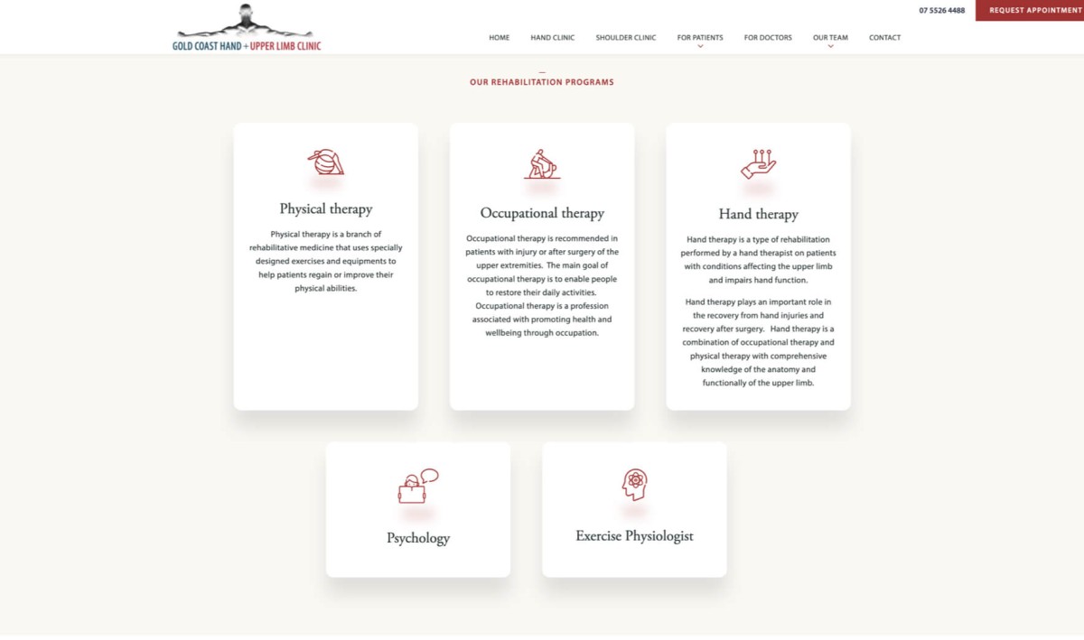 Gold Coast Hand Upper Limb Clinic website design, screen 2 of 6