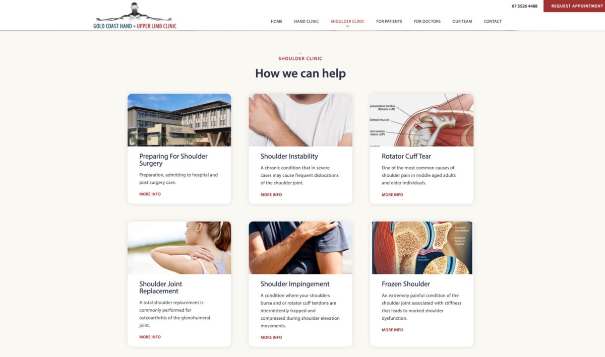 Gold Coast Hand Upper Limb Clinic website design, screen 3 of 6