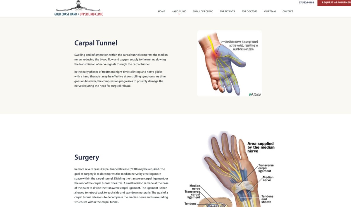 Gold Coast Hand Upper Limb Clinic website design, screen 4 of 6