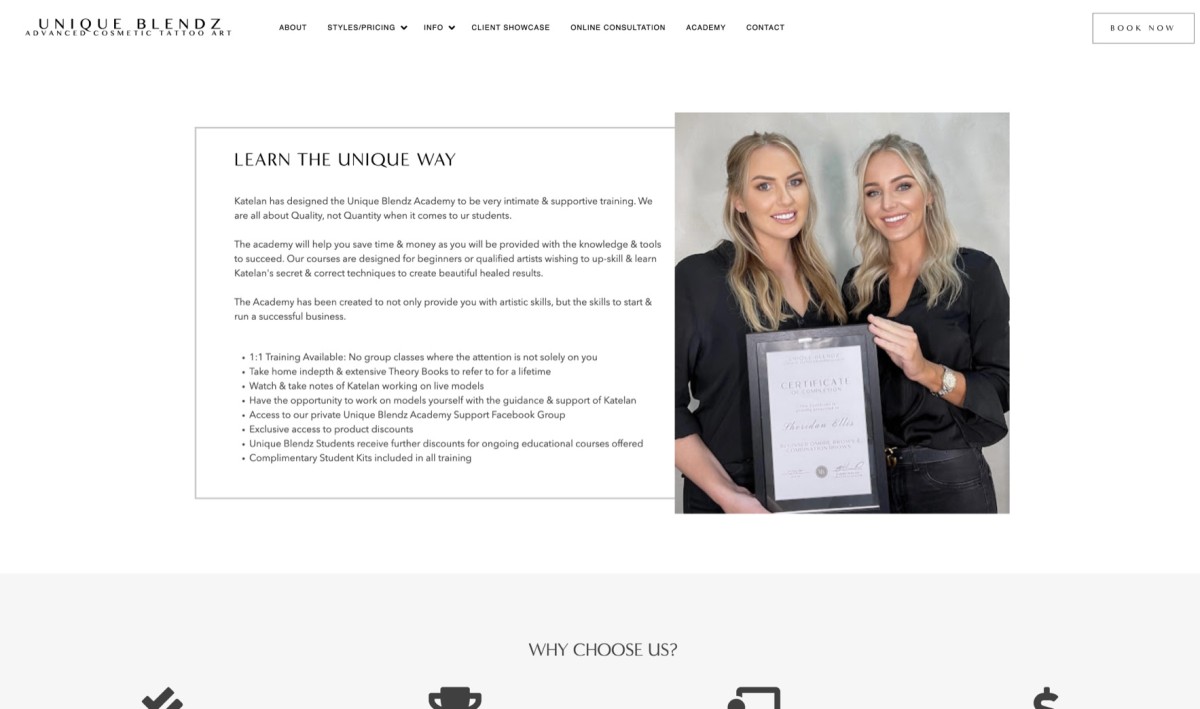 Unique Blendz website design, screen 4 of 6