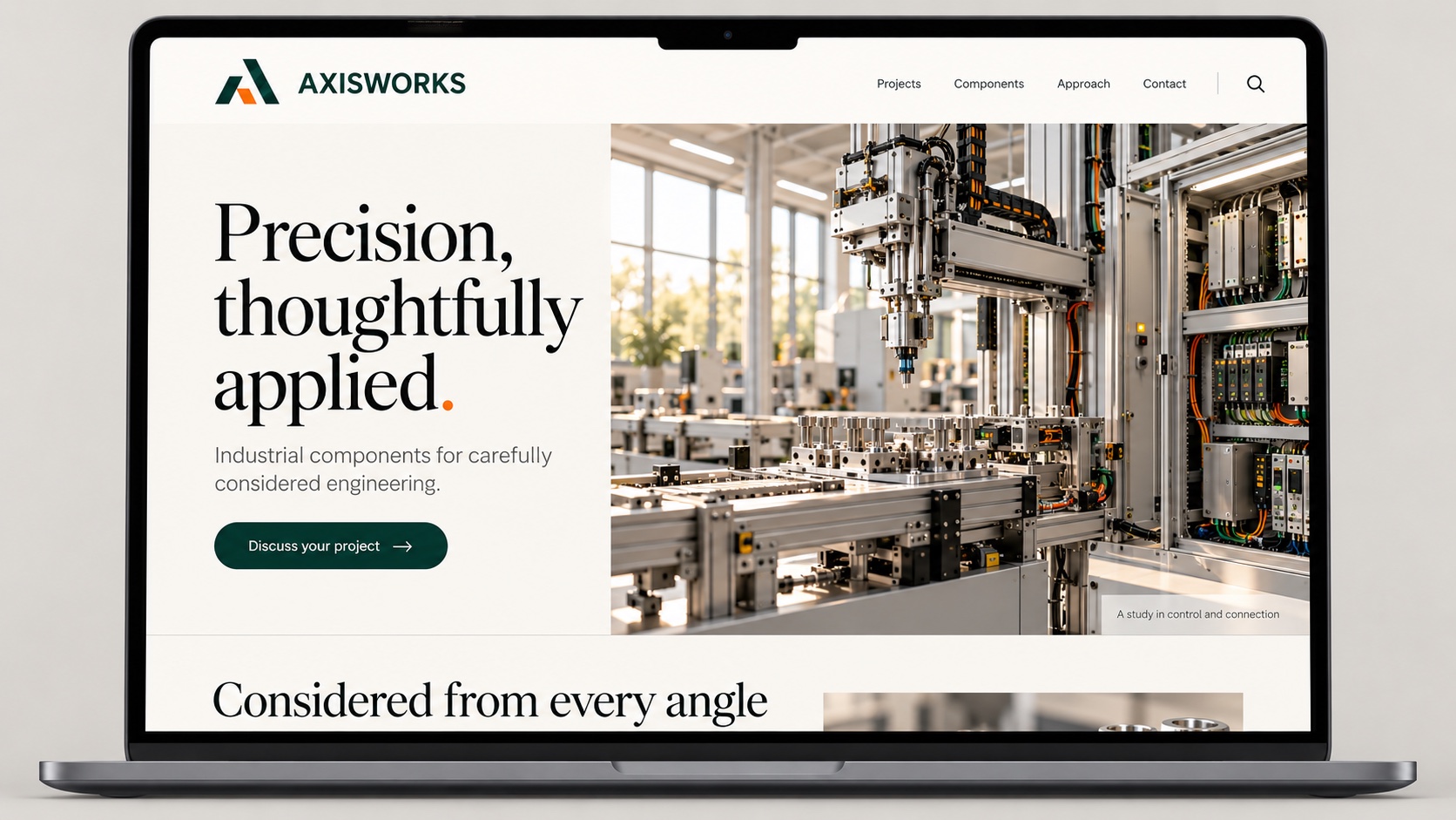 A premium editorial direction using refined serif headings, warm off-white space and a large industrial project image.