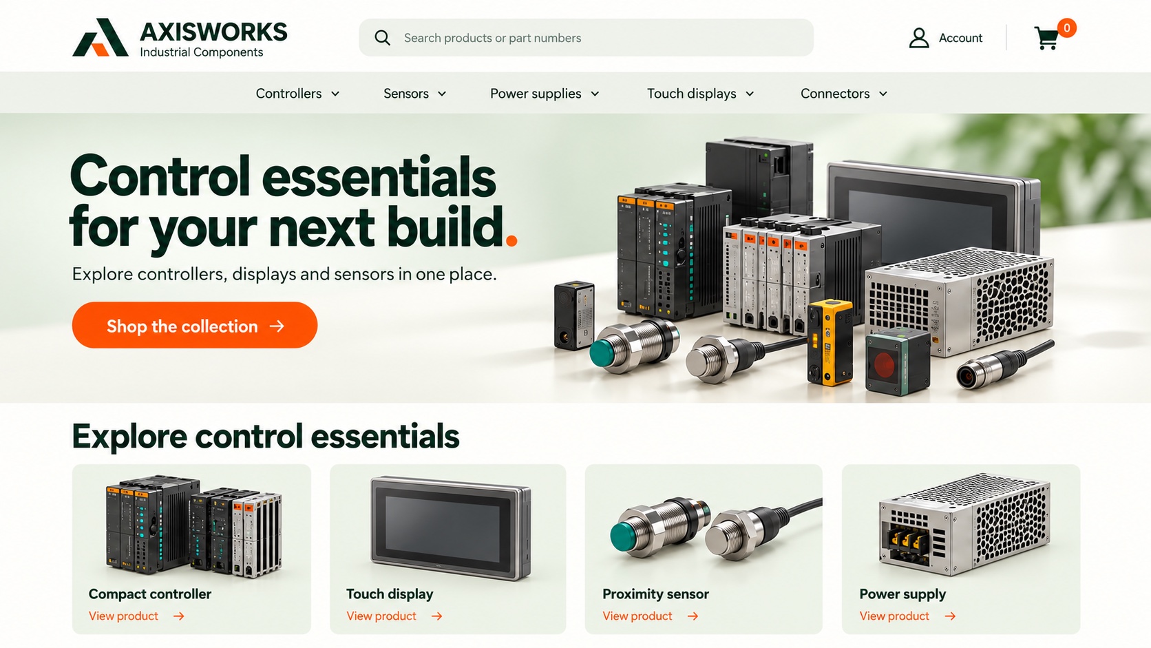 An online store concept with category navigation, product search, a featured collection and the start of a product grid.