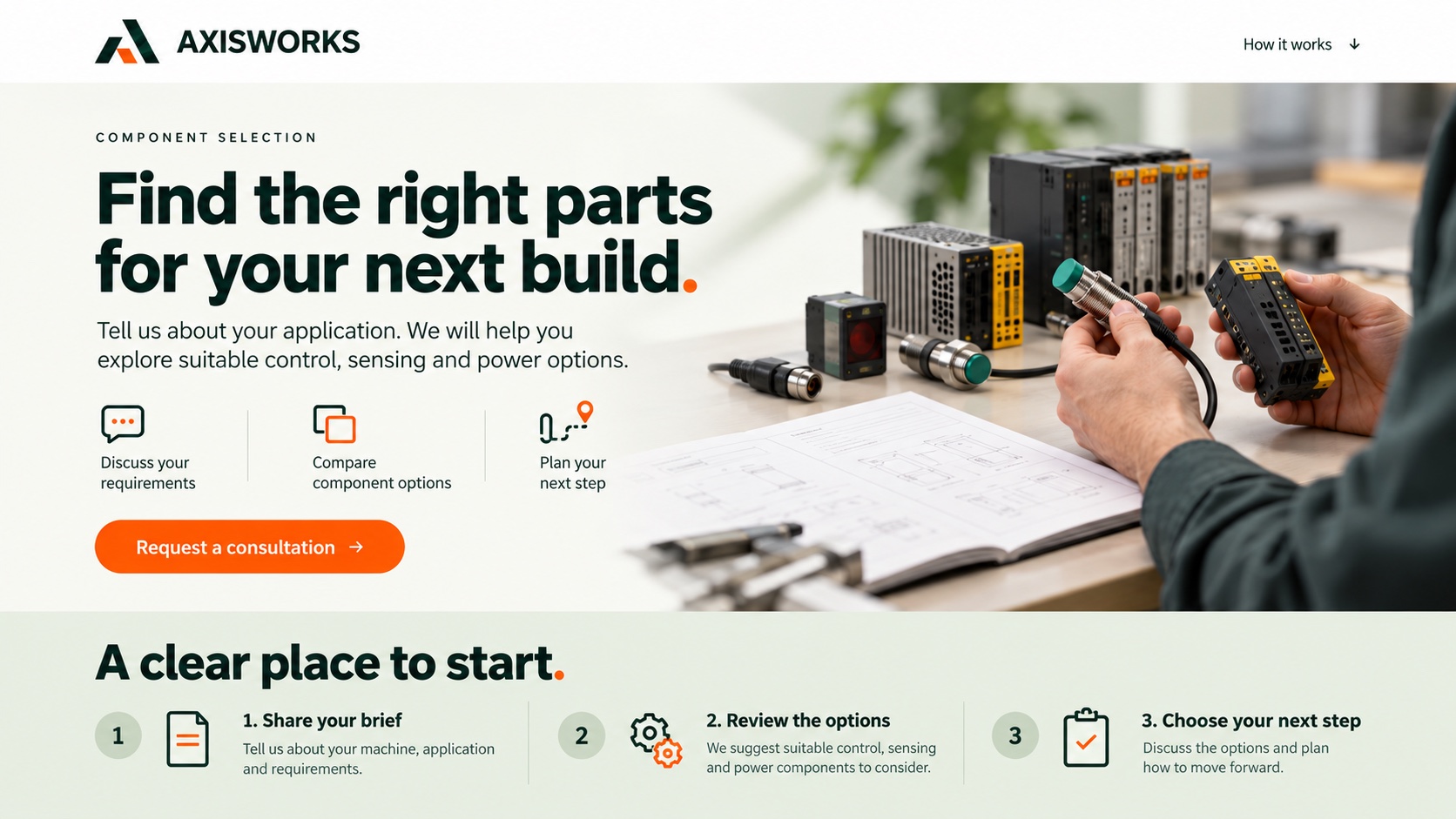 A focused landing page for a component selection consultation, with three benefits and one main enquiry action.