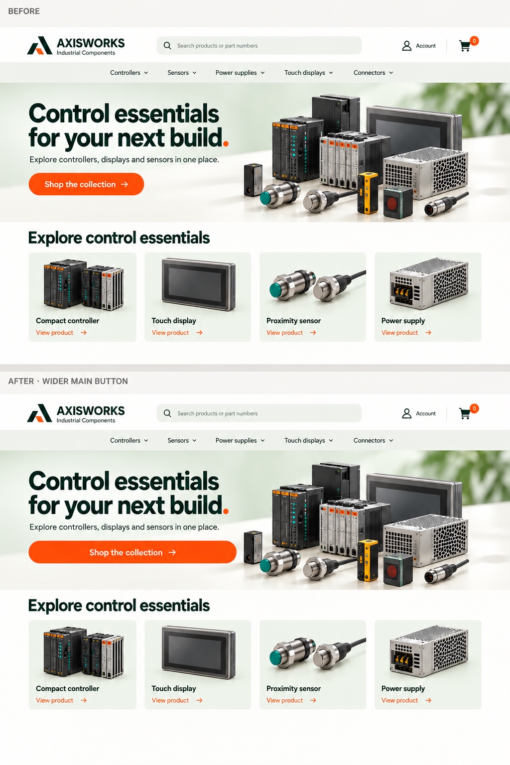 A targeted refinement: widening the main collection button while keeping the design direction and content consistent.