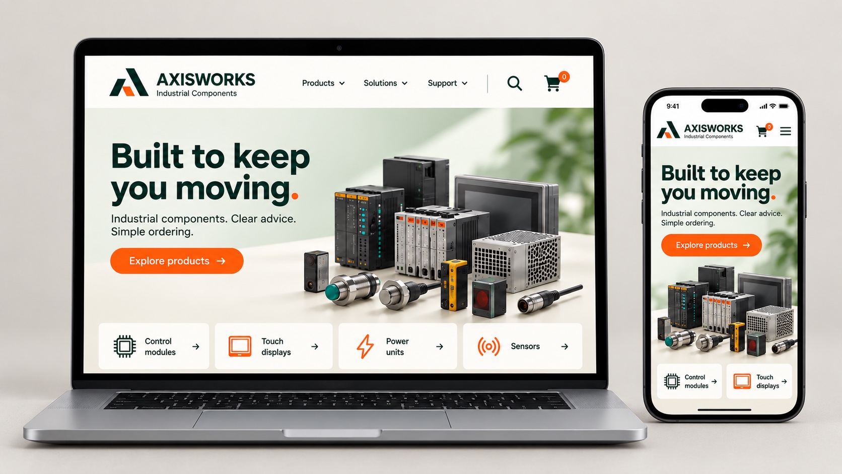 The selected desktop and mobile concepts presented together in a laptop and phone on a simple warm-grey background.