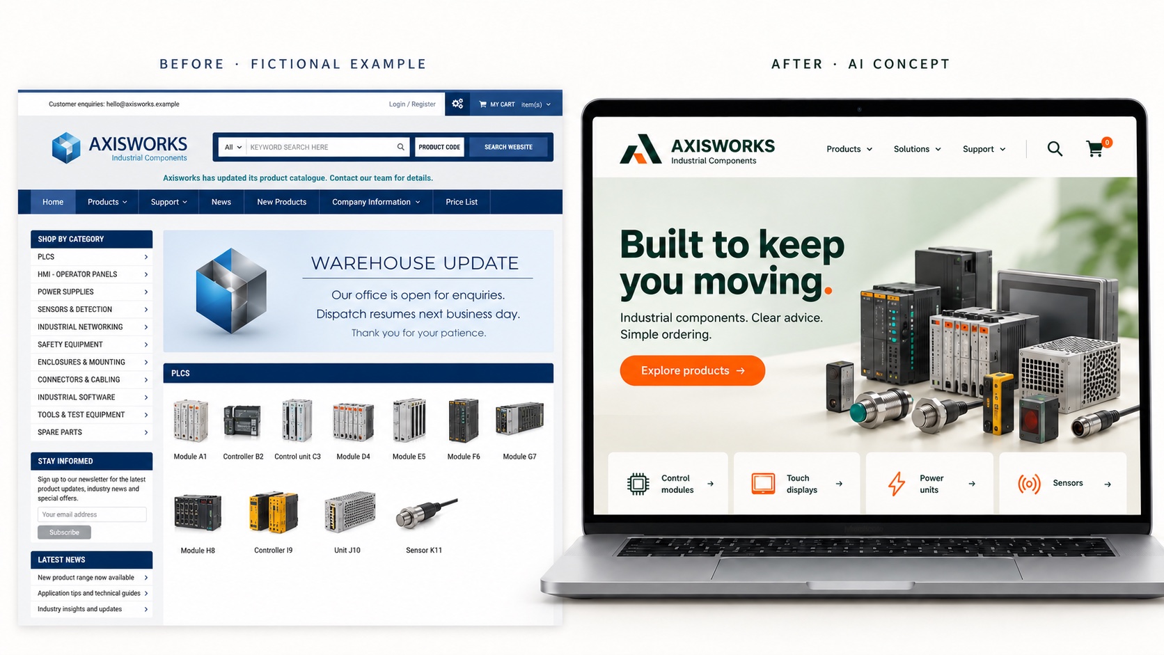 Fictional Axisworks website in the original navy and grey layout beside a modern green and orange redesign presented in a laptop.