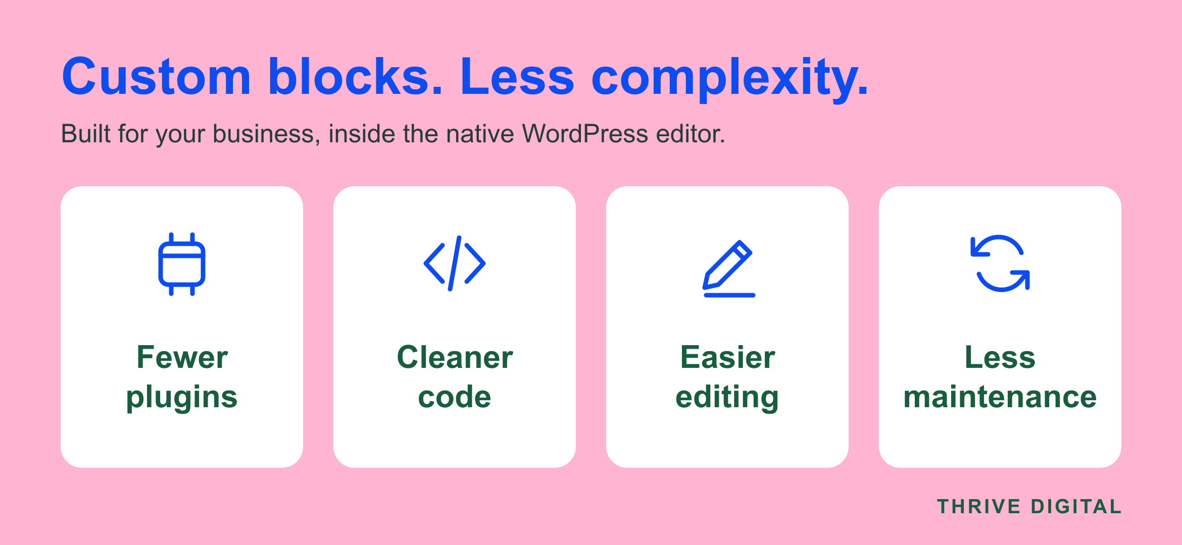 Four key advantages of custom WordPress blocks: fewer plugins, cleaner code, easier editing and less maintenance.