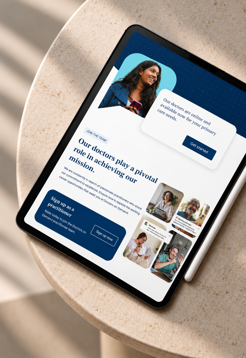 Doctors on Demand patient and practitioner website sections displayed on an angled iPad.