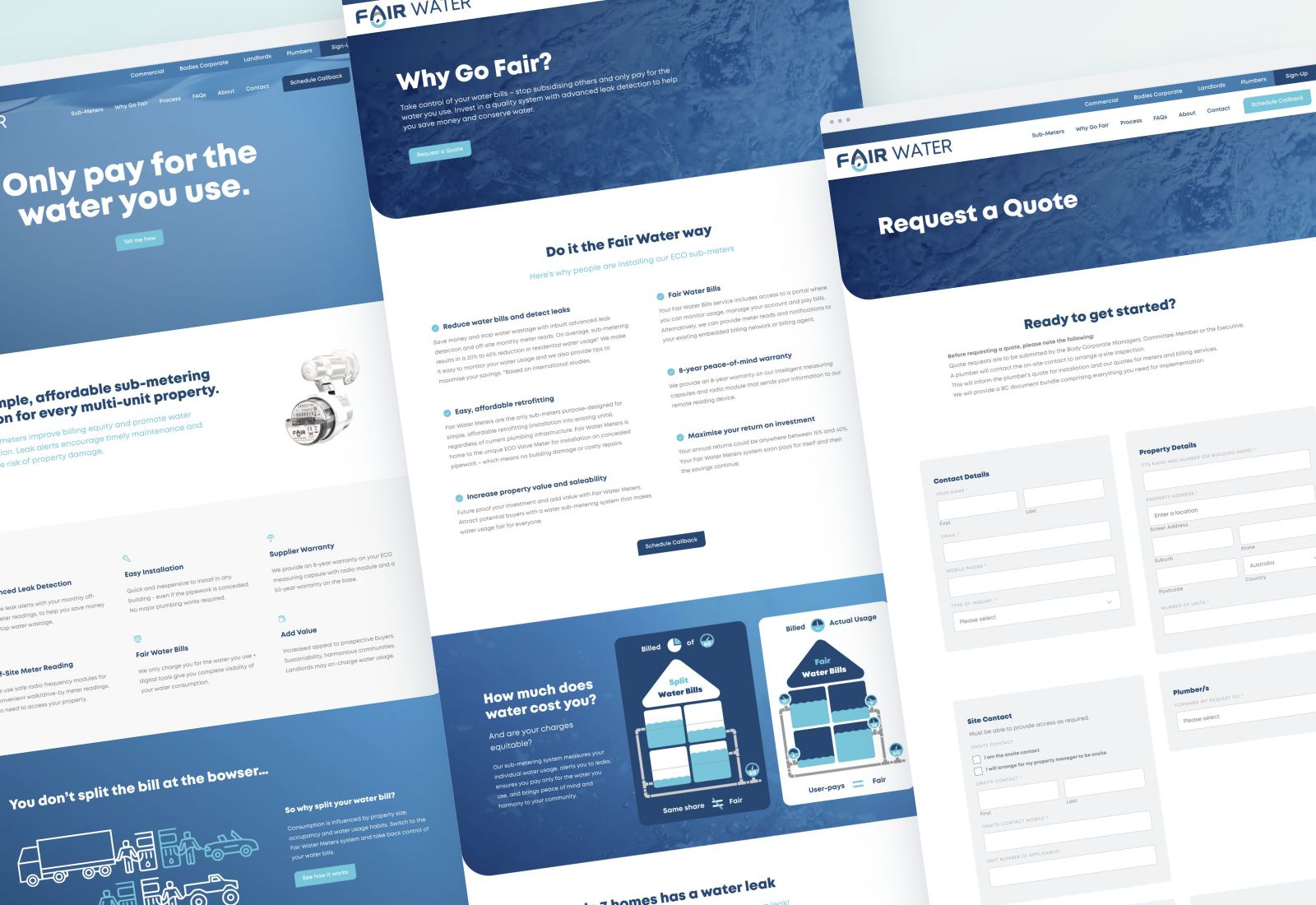 Fair Water Meters homepage, service information and quote form in a layered page composition