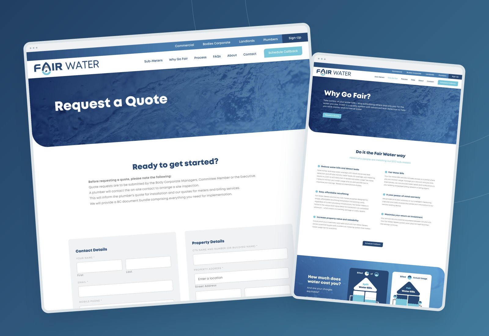 Fair Water Meters custom quote form and Why Go Fair page in browser mockups