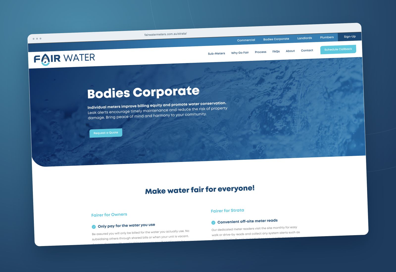 Fair Water Meters Bodies Corporate page in a browser mockup