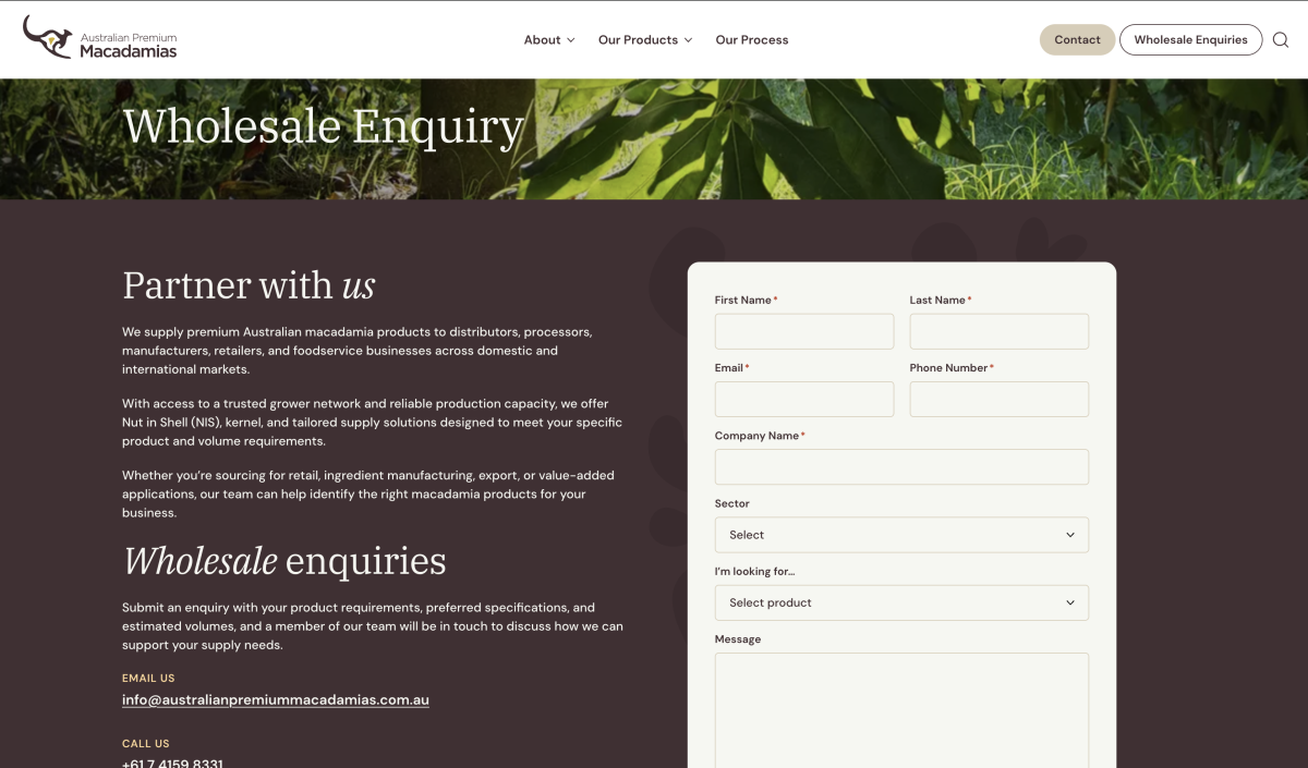 Australian Premium Macadamias wholesale enquiry page with business, sector and product fields