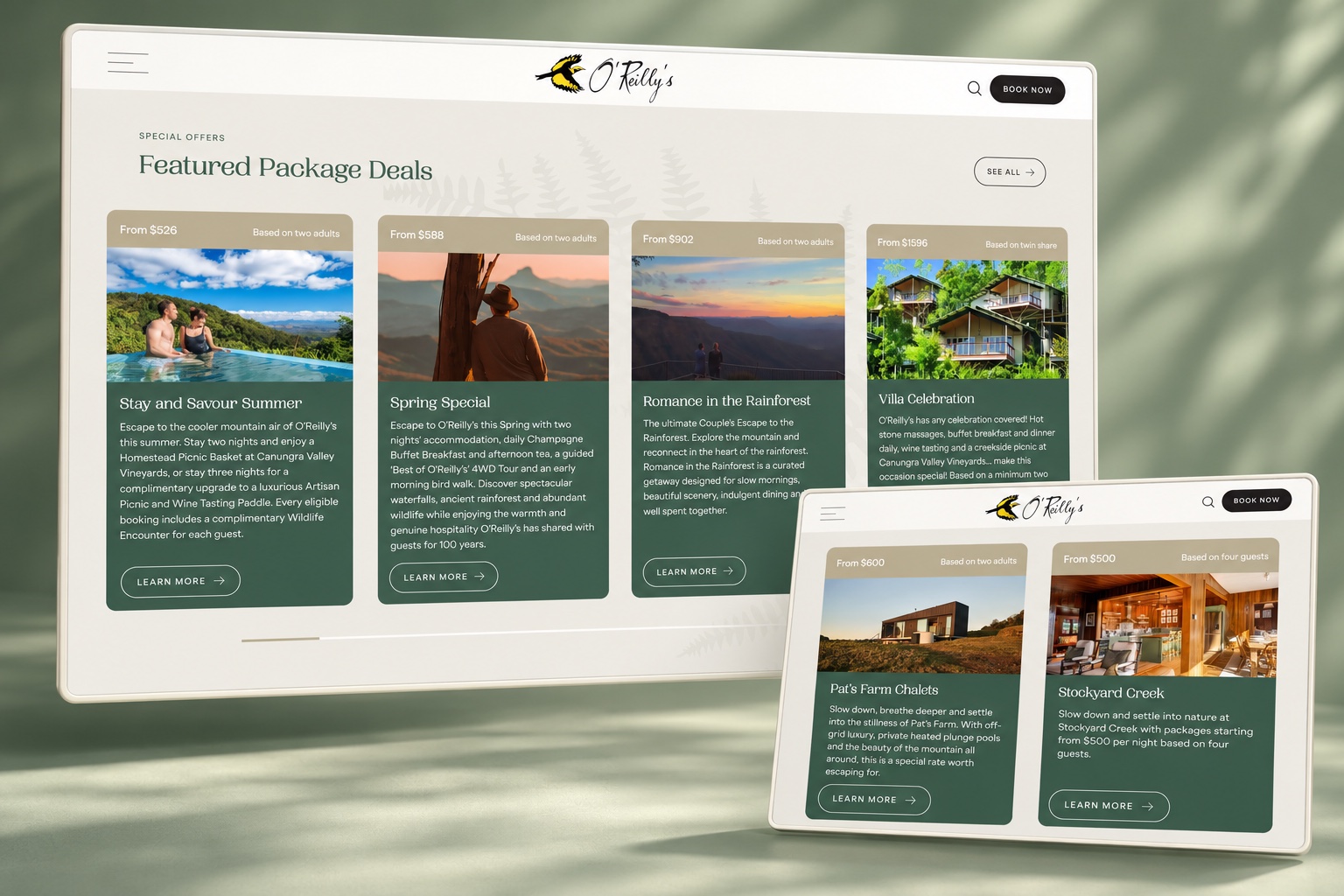 Layered mockup of O’Reilly’s package cards and accommodation offers.
