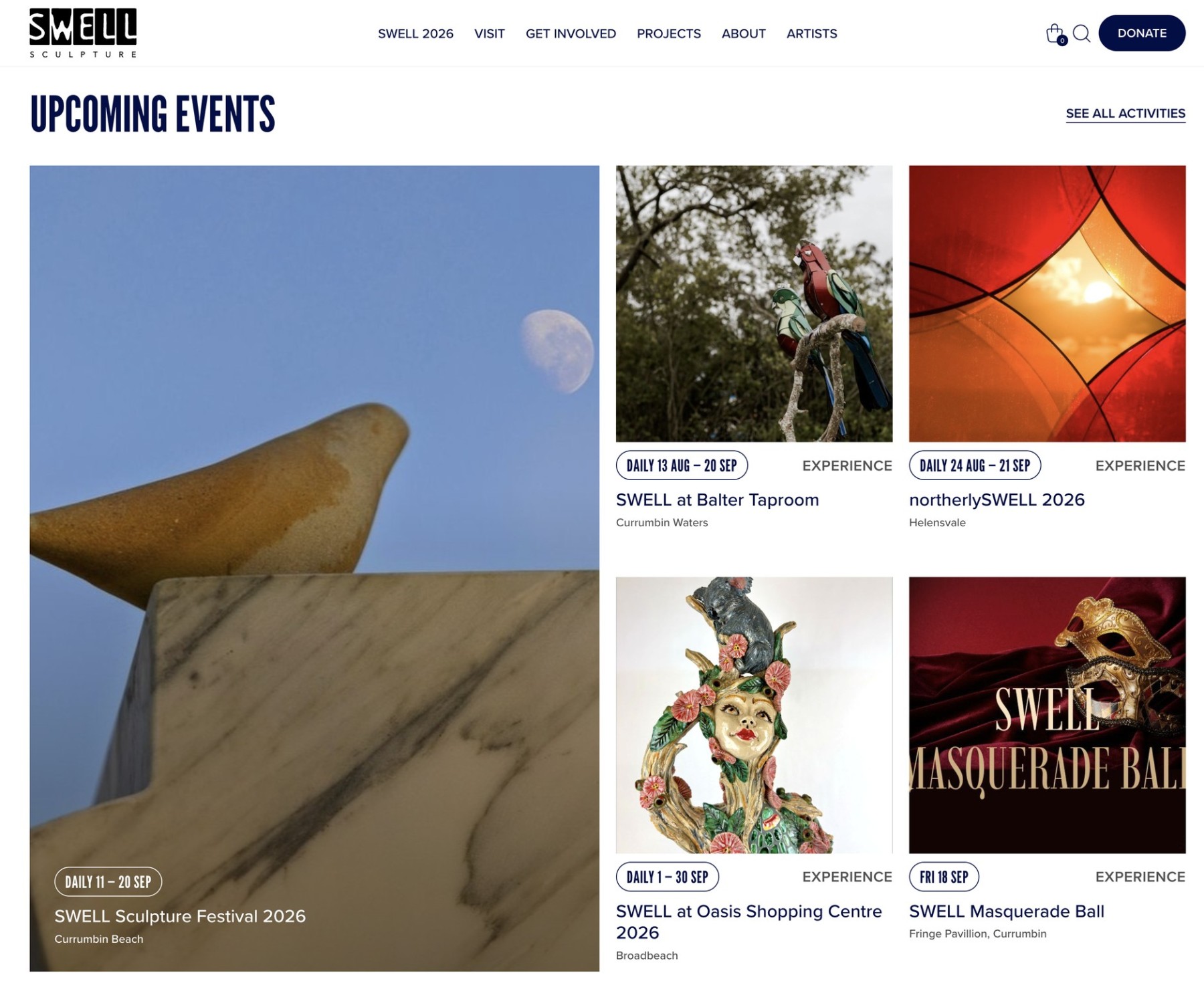 SWELL upcoming events page showing festival dates, event names and Gold Coast locations
