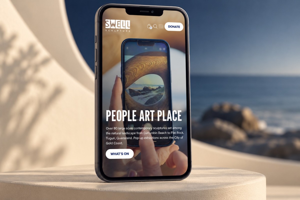 SWELL Sculpture Festival mobile homepage displayed on a smartphone