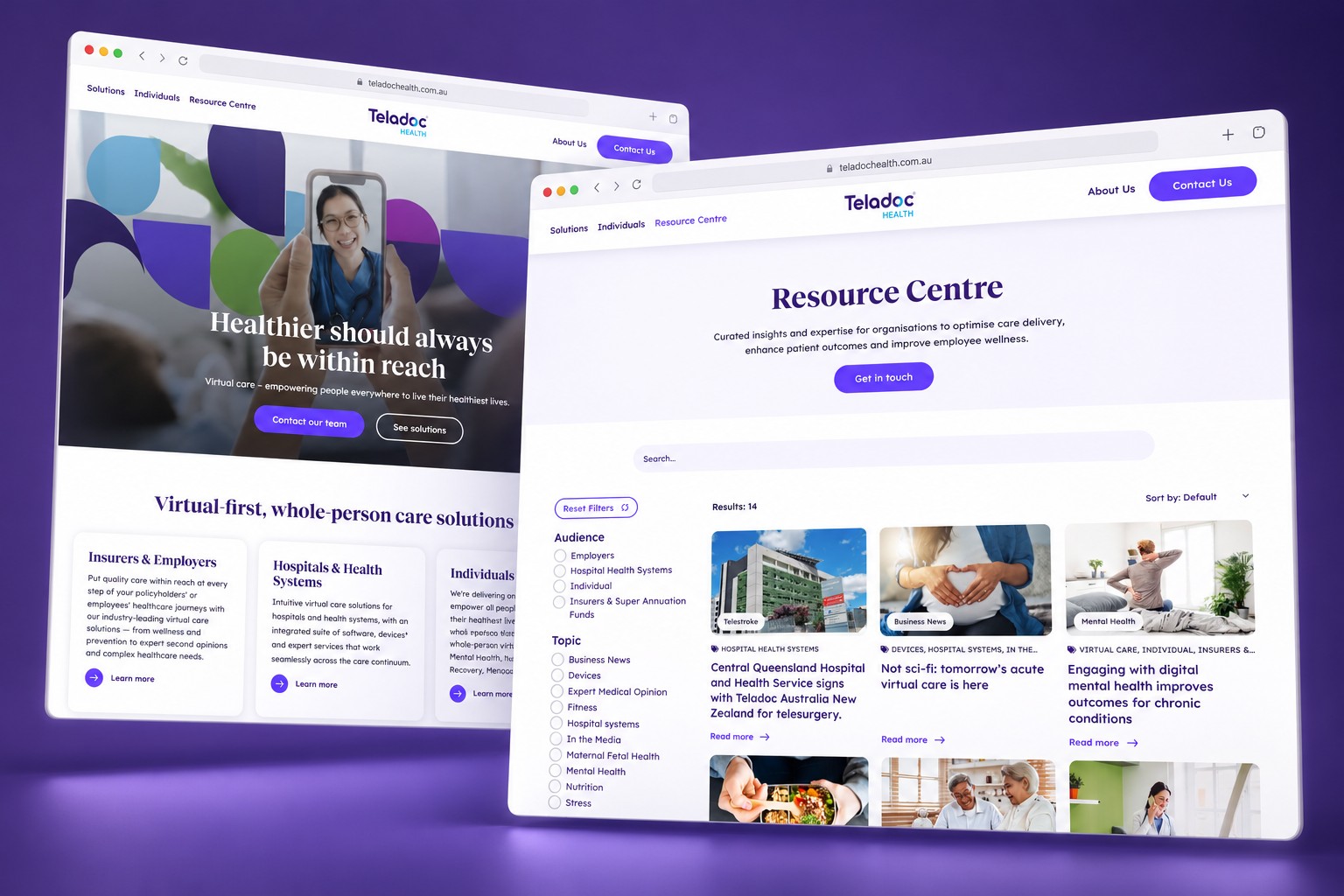 Teladoc Health homepage and Resource Centre presented in layered browser windows