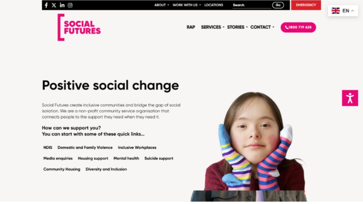 Social Futures website design, screen 3 of 6
